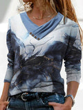 Cross V-Neck Button Printed Long Sleeve T-Shirt