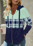 Multi Color Zipper Tartan Print Long Sleeve Hoodie