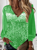 Casual V-neck Long Sleeve Sequined Top