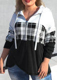 Plus Size Zipper Black Tartan Print Hoodie