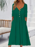 Casual Button Solid Long Sleeve Midi Dress