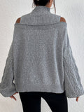 Gray Cold Shoulder Mock Neck Cable Knit Sweater