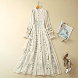 Lapel Long Sleeve Embroidered Waist Dress