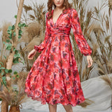 Long Puff Sleeves V Neck Chiffon Print Floral Red Formal Dress