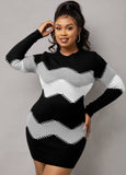 Mock Neck Long Sleeve Chevron Pattern Sweater Dress