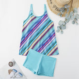 Cyan Geometric Stripe Print Tankini Set