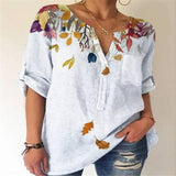 Loose Print V-Neck 3/4 Sleeve Top