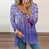 Floral V-Neck Zip Long Sleeve Top