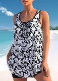 Floral Print Bowknot Black Tankini Set