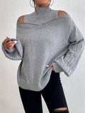 Gray Cold Shoulder Mock Neck Cable Knit Sweater