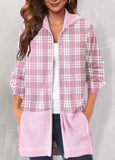 Tartan Print Zipper Closure Pink Hoodie