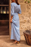 Mini Blue and White Print High Slit Plunging V-Neck Maxi Dress