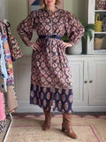 Elegant Balloon Sleeve Belt Contrasting Print Dress