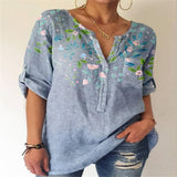 Loose Print V-Neck 3/4 Sleeve Top