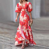 Elegant V-Neck Printed Layered Maxi Dress