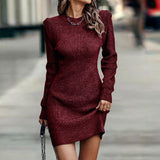 Long Sleeve Round Neck Deep Plain Sweater Dress