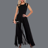 High Waist Round Neck Chiffon Overlay Black Jumpsuit