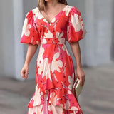 Elegant V-Neck Printed Layered Maxi Dress