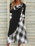 Plaid Button Pocket Pile Neck Long Sleeve Dress