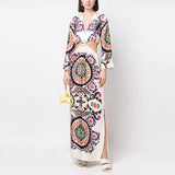 Retro print large V-neck hollow patchwork floral dress