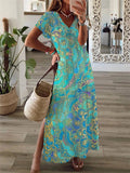 Holiday Floral Print Short Sleeve V-Neck Maxi Dress