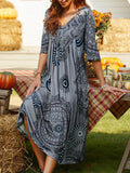 V-Neck Mid-Length Printed Vintage Dress