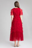 Ruffled Tulle Gown In Red