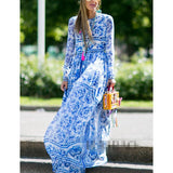 Vintage style celadon print long-sleeved dress