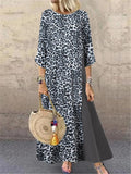 3/4 Sleeve Crew Neck Leopard Print Panel Maxi Dress