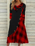 Plaid Button Pocket Pile Neck Long Sleeve Dress