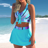 High Waist Striped Cyan Cross Strap Bikini Set