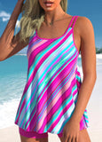 Rose Pink Stripe Print Double Straps Tankini Set