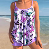 Floral Print Bowknot Blue Tankini Set