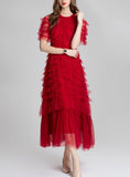 Ruffled Tulle Gown In Red