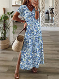 Holiday Floral Print Short Sleeve V-Neck Maxi Dress