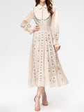 Lapel Long Sleeve Embroidered Waist Dress