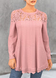 Lace Patchwork Dusty Pink Round Neck T Shirt