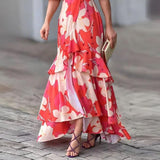 Elegant V-Neck Printed Layered Maxi Dress