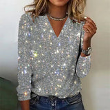 Silver Metallic Disco Tinsel Print V-Neck Long Sleeve Top