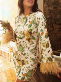 The Birdie Paisley Floral Print Feathered Dress