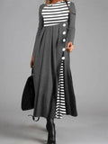 Striped Solid Color Button Long Sleeve Dress