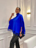 Roll Neck Fringed Knit Poncho Outerwear