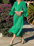 Long Sleeve Waist Tie Green Dress